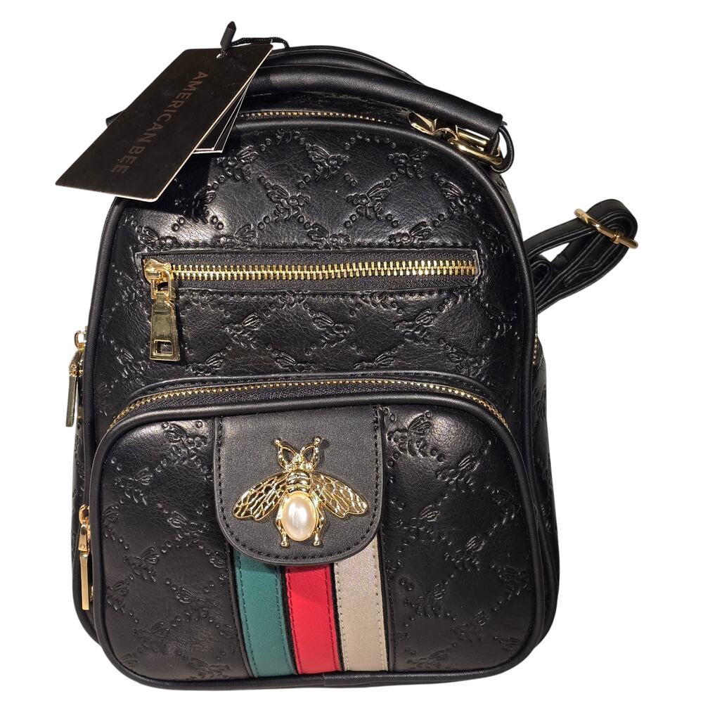 American Bee Mini Backpack Purse Vegan Faux Leather Bee Embossed Black NWT